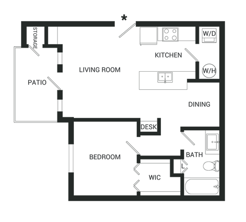 Floor plan for 1 bed, 1 bath, 819 sqft